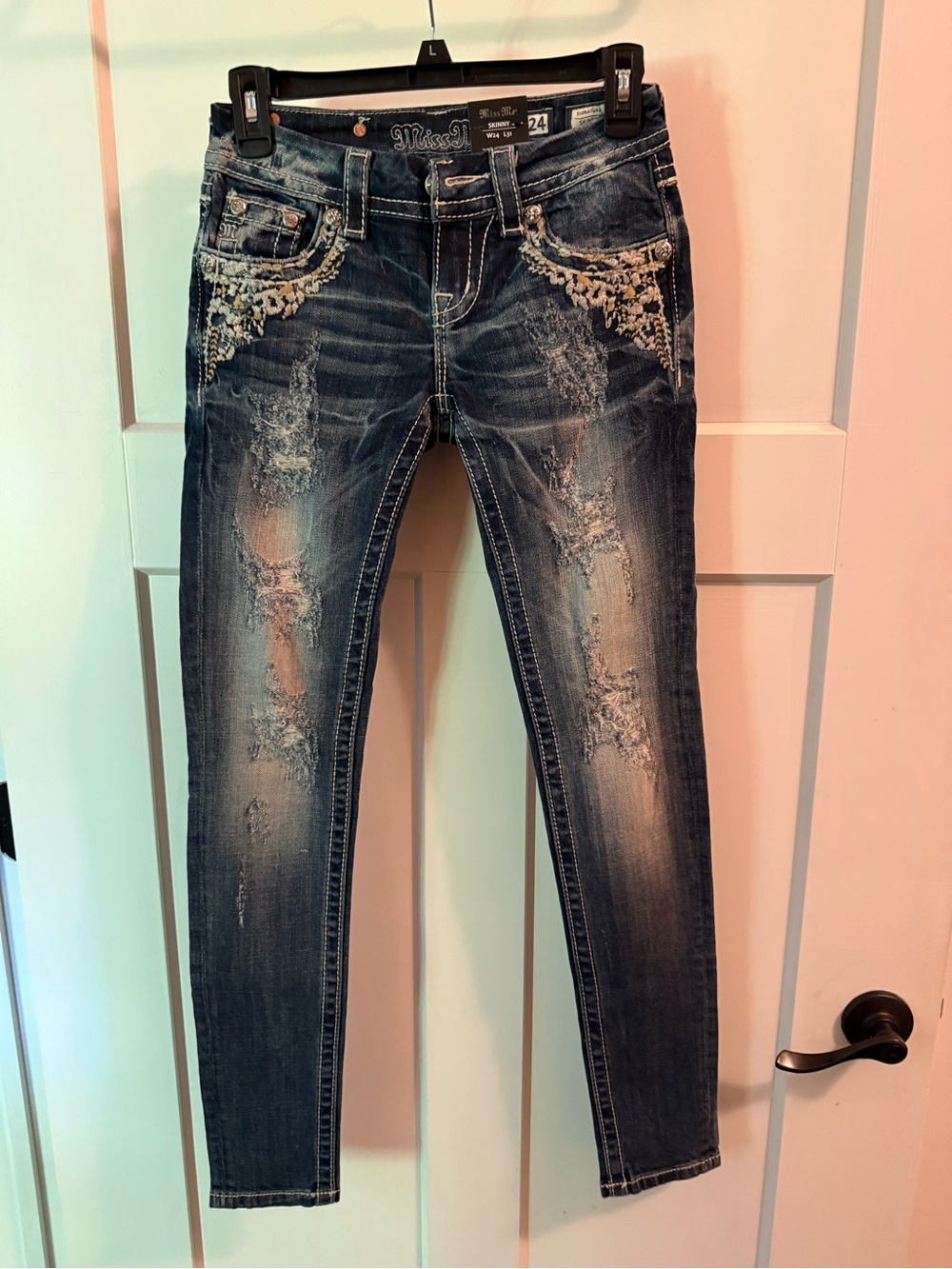 Miss Me Dark Blue Distressed Skinny Jeans with Embellished Pockets